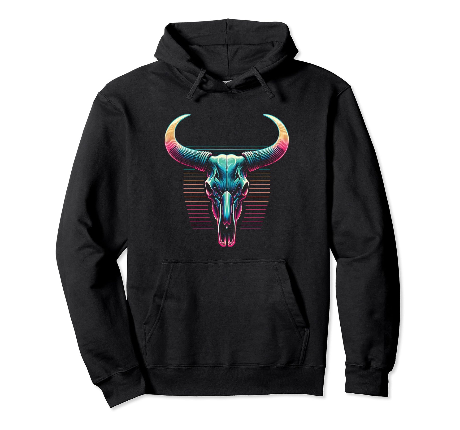 Longhorn Skull Vaporwave Cow Cattle Hoodie - Novelty Apparel for Adults - T-Shirt, Sweatshirt, Hoodie