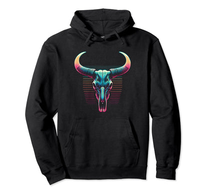 Longhorn Skull Vaporwave Cow Cattle Hoodie - Novelty Apparel for Adults - T-Shirt, Sweatshirt, Hoodie
