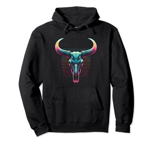 Longhorn Skull Vaporwave Cow Cattle Hoodie - Novelty Apparel for Adults - T-Shirt, Sweatshirt, Hoodie