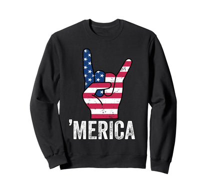 Merica Rock Hand Usa Flag Patriotic Sweatshirt - Streetwear Style Men Women - T-Shirt, Sweatshirt, Hoodie
