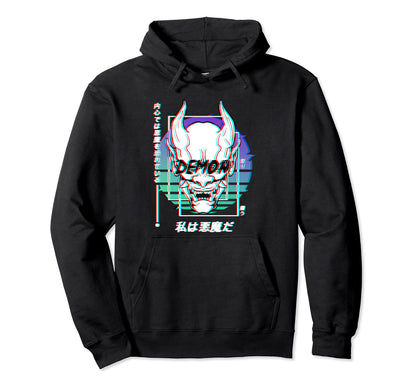 Vaporwave Oni Mask Japanese Demon Hoodie - Minimalist Print for Adults - T-Shirt, Sweatshirt, Hoodie