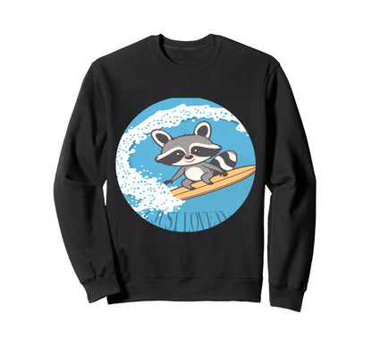 Kawaii Surfer Raccoon Steam Wave Sweatshirt - Minimalist Print Unisex - T-Shirt, Sweatshirt, Hoodie