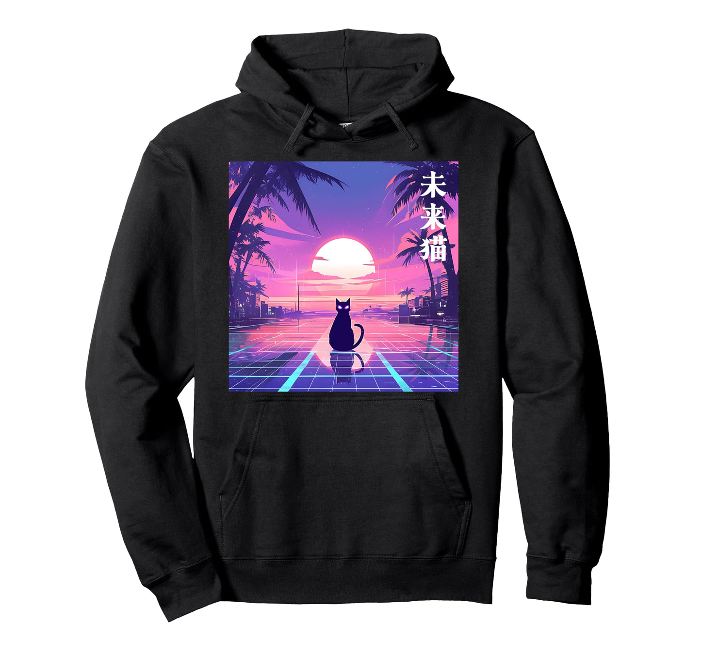 Vaporwave Cat Sunset Palm Trees 80S Hoodie - Unique Graphic Men Women - T-Shirt, Sweatshirt, Hoodie