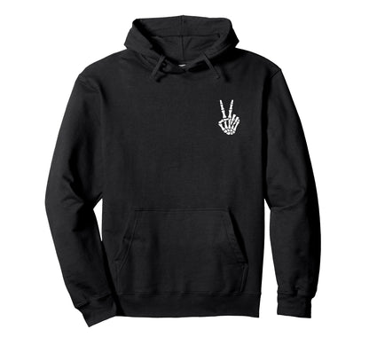 Halloween Skeleton Hand Peace Sign Bone Hoodie - Unique Graphic Unisex - T-Shirt, Sweatshirt, Hoodie