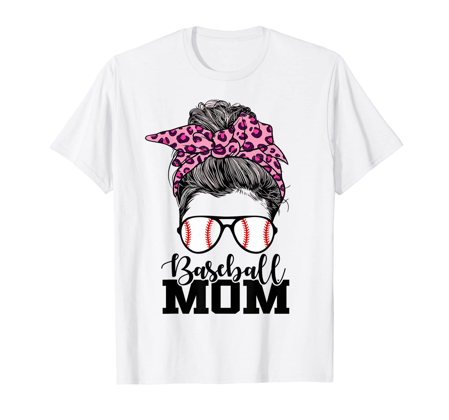 Baseball Mom Messy Bun Leopard T-Shirt - Novelty Apparel for Adults - T-Shirt, Sweatshirt, Hoodie
