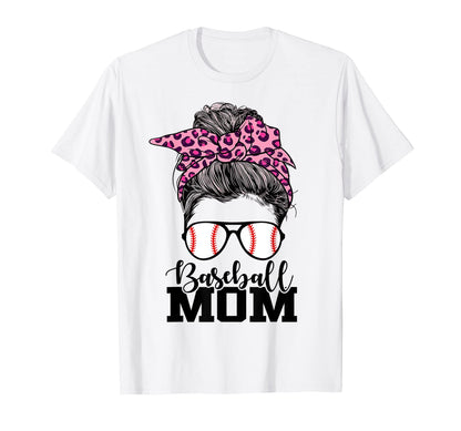 Baseball Mom Messy Bun Leopard T-Shirt - Novelty Apparel for Adults - T-Shirt, Sweatshirt, Hoodie