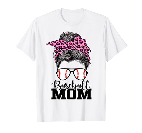 Baseball Mom Messy Bun Leopard T-Shirt - Novelty Apparel for Adults - T-Shirt, Sweatshirt, Hoodie