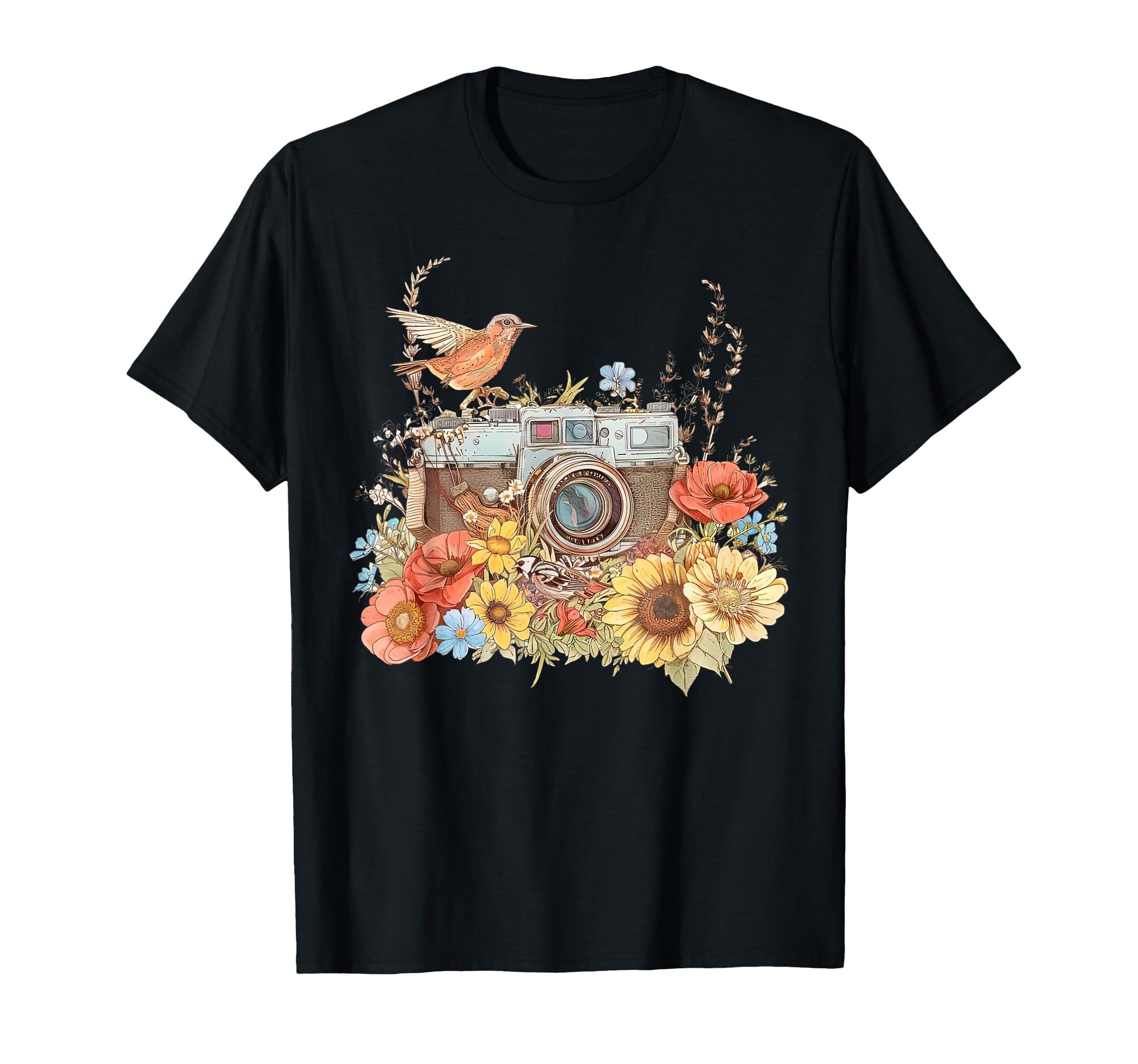 Floral Photography Bird Camera T-Shirt - Custom Art Print Unisex - T-Shirt, Sweatshirt, Hoodie