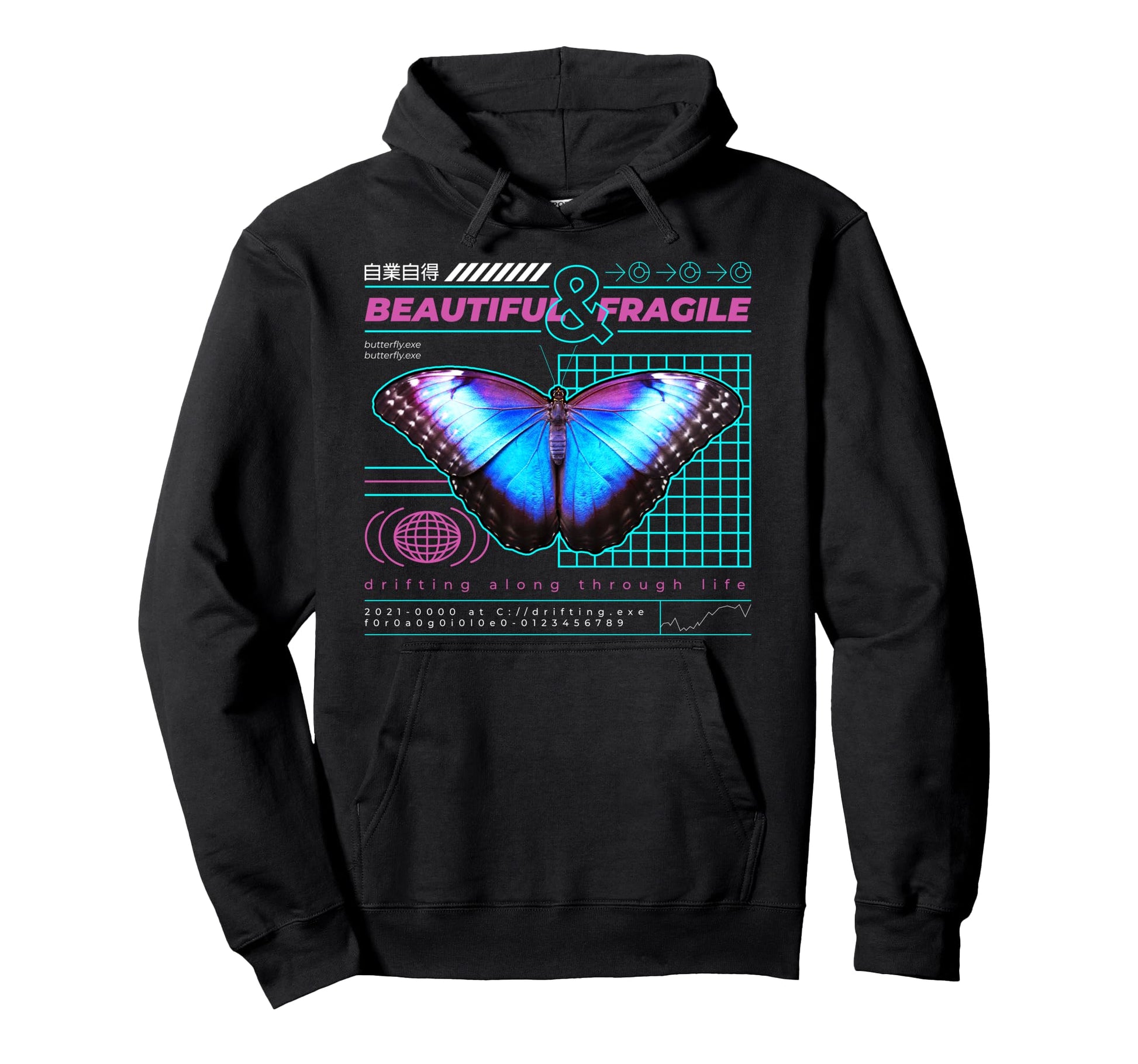 Beautiful Fragile L Blue Butterfly Hoodie - Aesthetic Graphic Men Women - T-Shirt, Sweatshirt, Hoodie