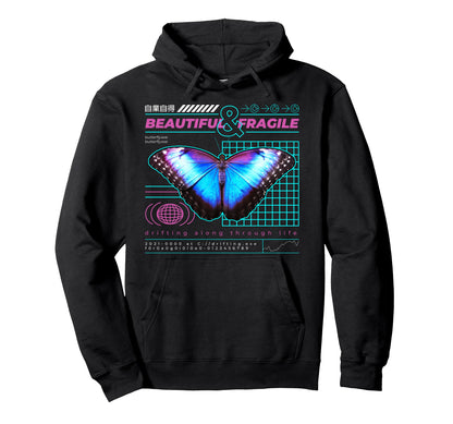 Beautiful Fragile L Blue Butterfly Hoodie - Aesthetic Graphic Men Women - T-Shirt, Sweatshirt, Hoodie
