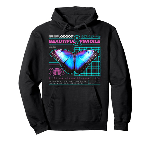Beautiful Fragile L Blue Butterfly Hoodie - Aesthetic Graphic Men Women - T-Shirt, Sweatshirt, Hoodie