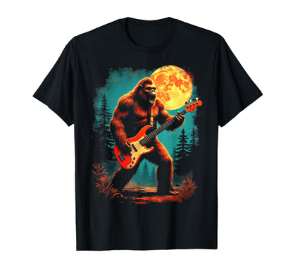 Bigfoot Playing Bass Guitar Full Moon T-Shirt - Novelty Apparel Men Women - T-Shirt, Sweatshirt, Hoodie