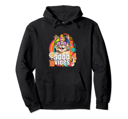 Hippie Cat Rainbow 60S 70S Peace Love Hoodie - Aesthetic Graphic Unisex - T-Shirt, Sweatshirt, Hoodie