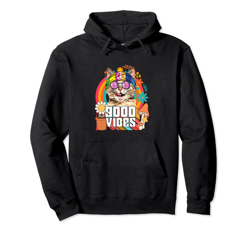 Hippie Cat Rainbow 60S 70S Peace Love Hoodie - Aesthetic Graphic Unisex - T-Shirt, Sweatshirt, Hoodie