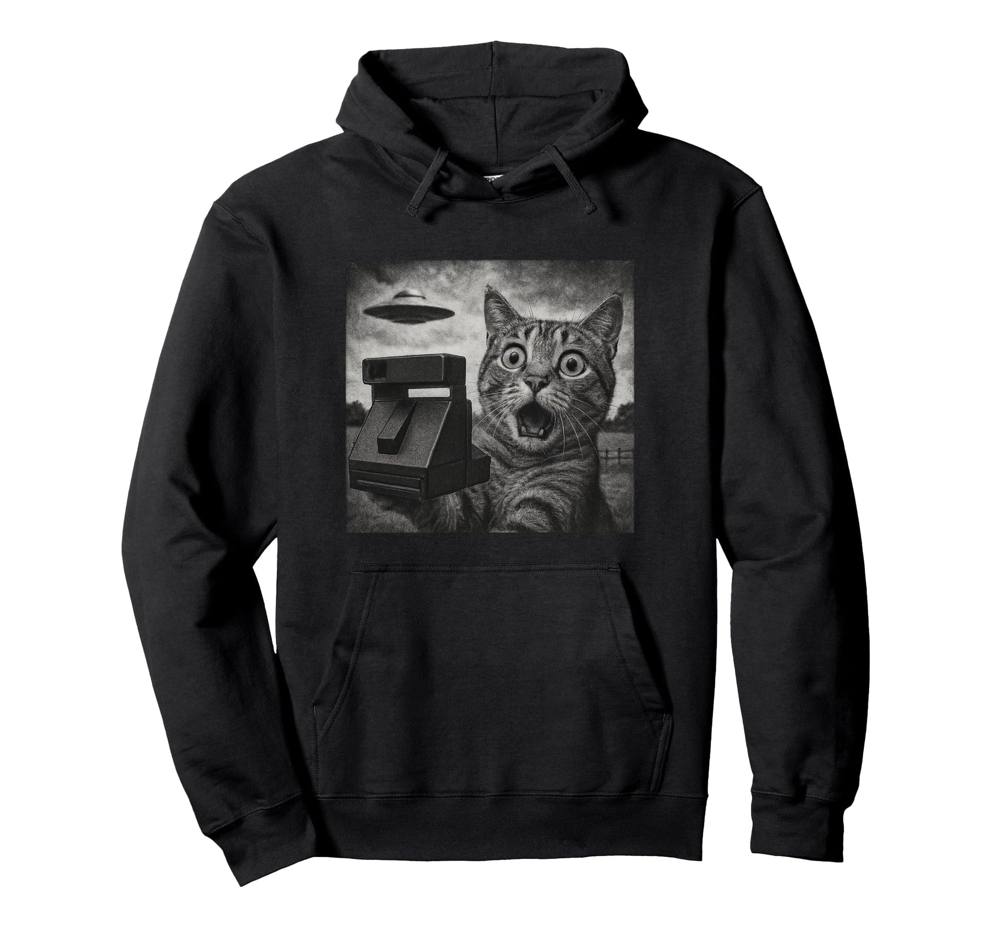 Shocked Cat Ufo Sighting Camera Sketch Art Hoodie - Unique Graphic Unisex - T-Shirt, Sweatshirt, Hoodie