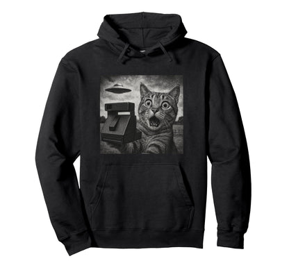 Shocked Cat Ufo Sighting Camera Sketch Art Hoodie - Unique Graphic Unisex - T-Shirt, Sweatshirt, Hoodie