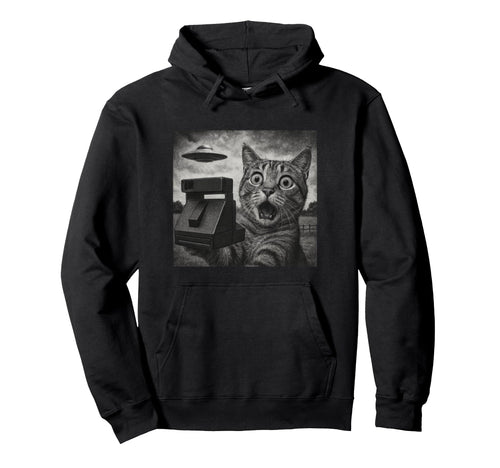 Shocked Cat Ufo Sighting Camera Sketch Art Hoodie - Unique Graphic Unisex - T-Shirt, Sweatshirt, Hoodie