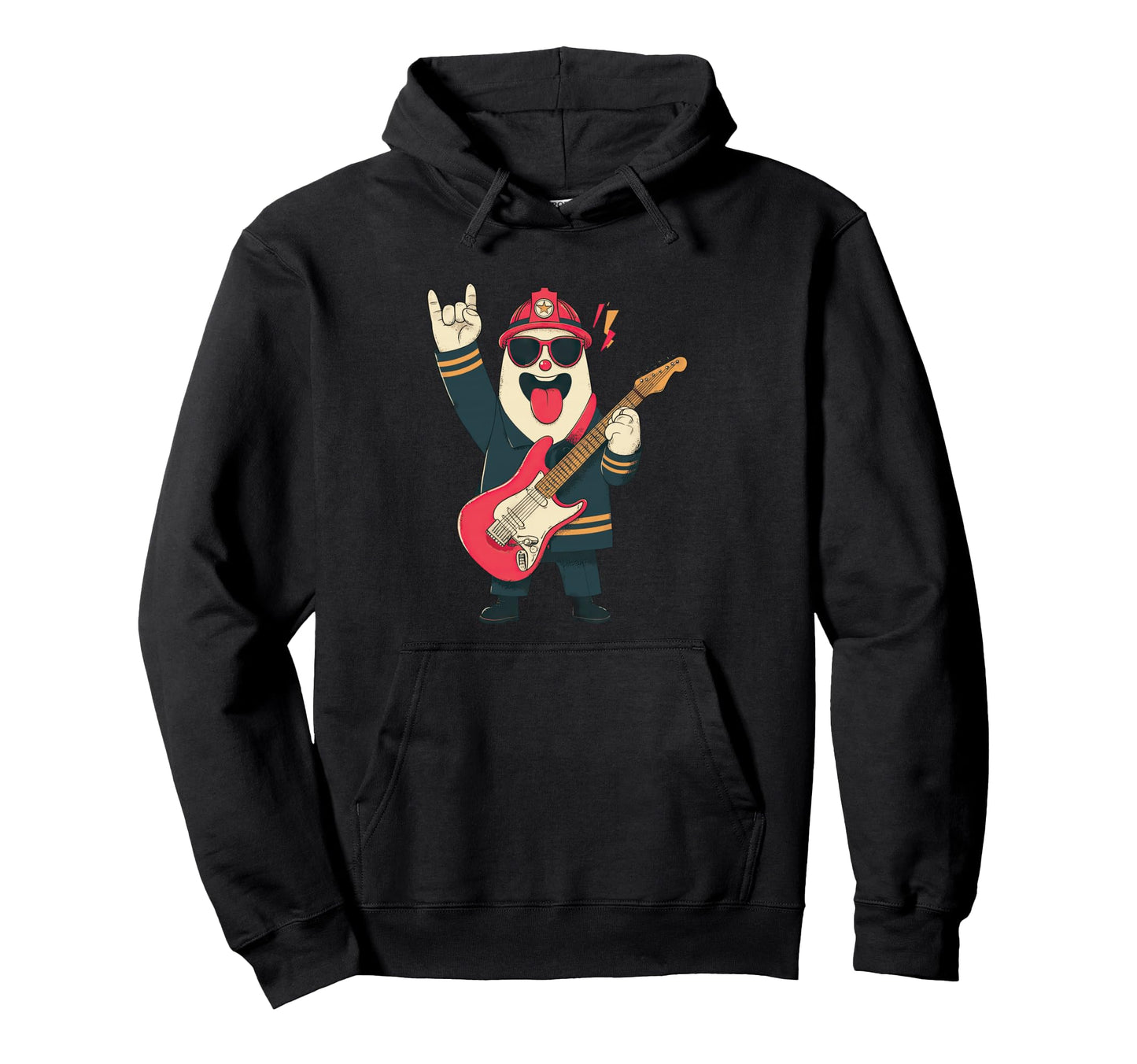 Funny Cartoon Firefighter Guitar Player Hoodie - Custom Art Print Unisex - T-Shirt, Sweatshirt, Hoodie