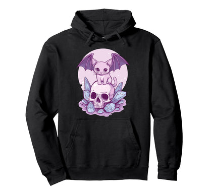 Pastel Goth Cat Bat Wings Skull Hoodie - Fun Novelty Design for Adults - T-Shirt, Sweatshirt, Hoodie