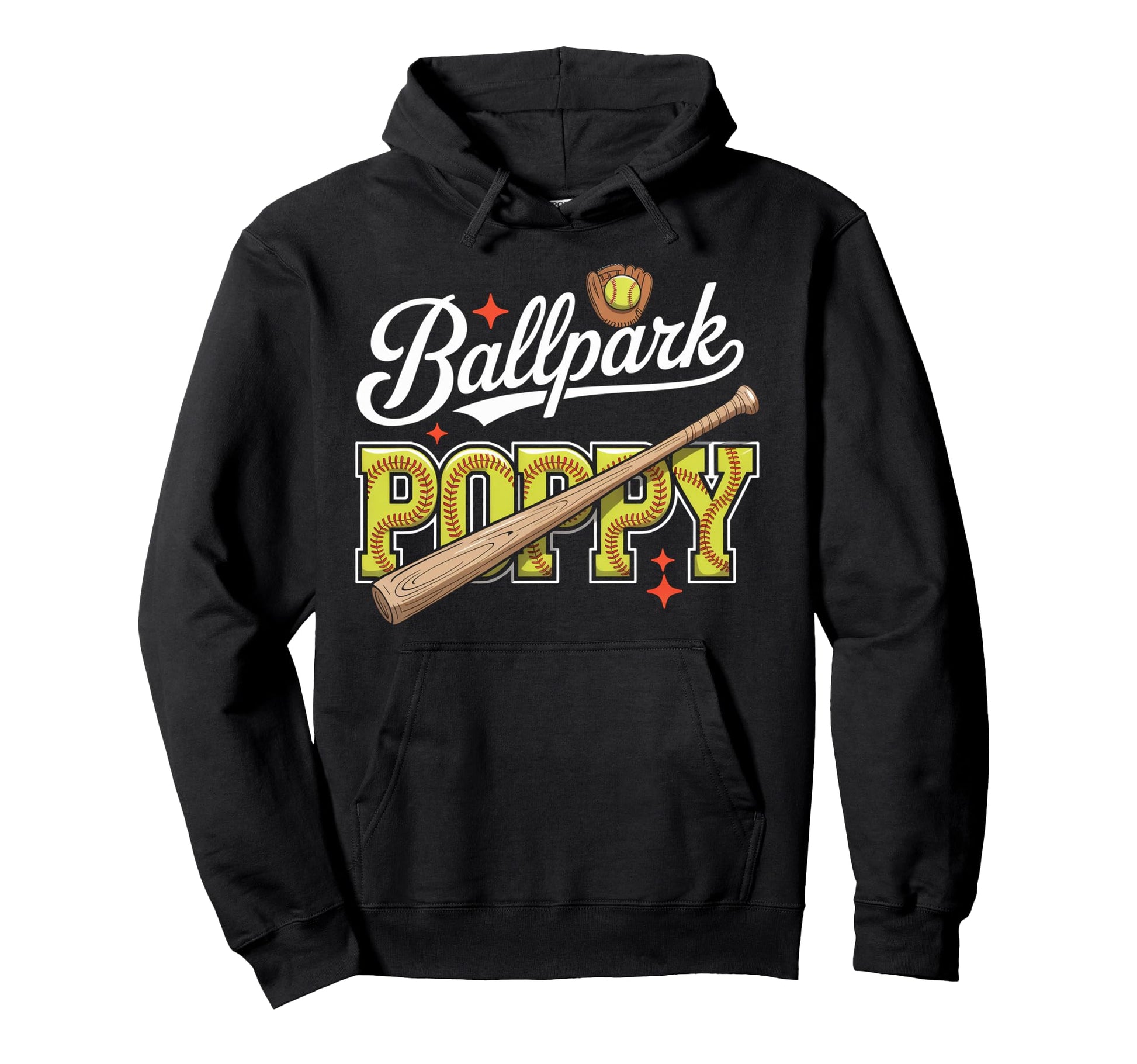 Ballpark Poppy Softball Grandpa Ball Game Hoodie - Graphic Print Men Women - T-Shirt, Sweatshirt, Hoodie