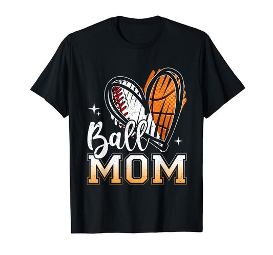 Ball Mom Heart Basketball Baseball Mom T-Shirt - Trendy Graphic for Adults - T-Shirt, Sweatshirt, Hoodie