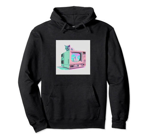 Vaperwave Aesthetic Glitch Cat Hoodie - Minimalist Print for Adults - T-Shirt, Sweatshirt, Hoodie