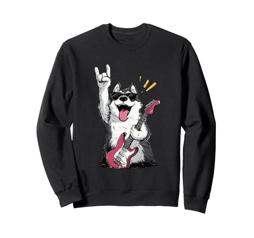 Rock Dog Guitar Playing Husky Funny Sweatshirt - Fun Novelty Design Unisex - T-Shirt, Sweatshirt, Hoodie