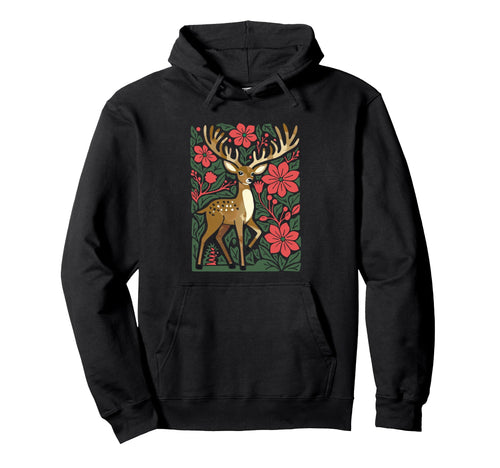 Boho Floral Deer Reindeer Holiday Hoodie - Unique Graphic Unisex - T-Shirt, Sweatshirt, Hoodie