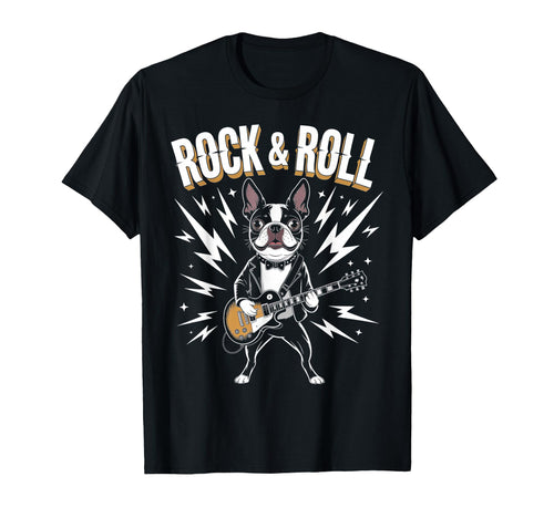 Bostie Rock Star Guitar Player Dog T-Shirt - Novelty Apparel for Adults - T-Shirt, Sweatshirt, Hoodie