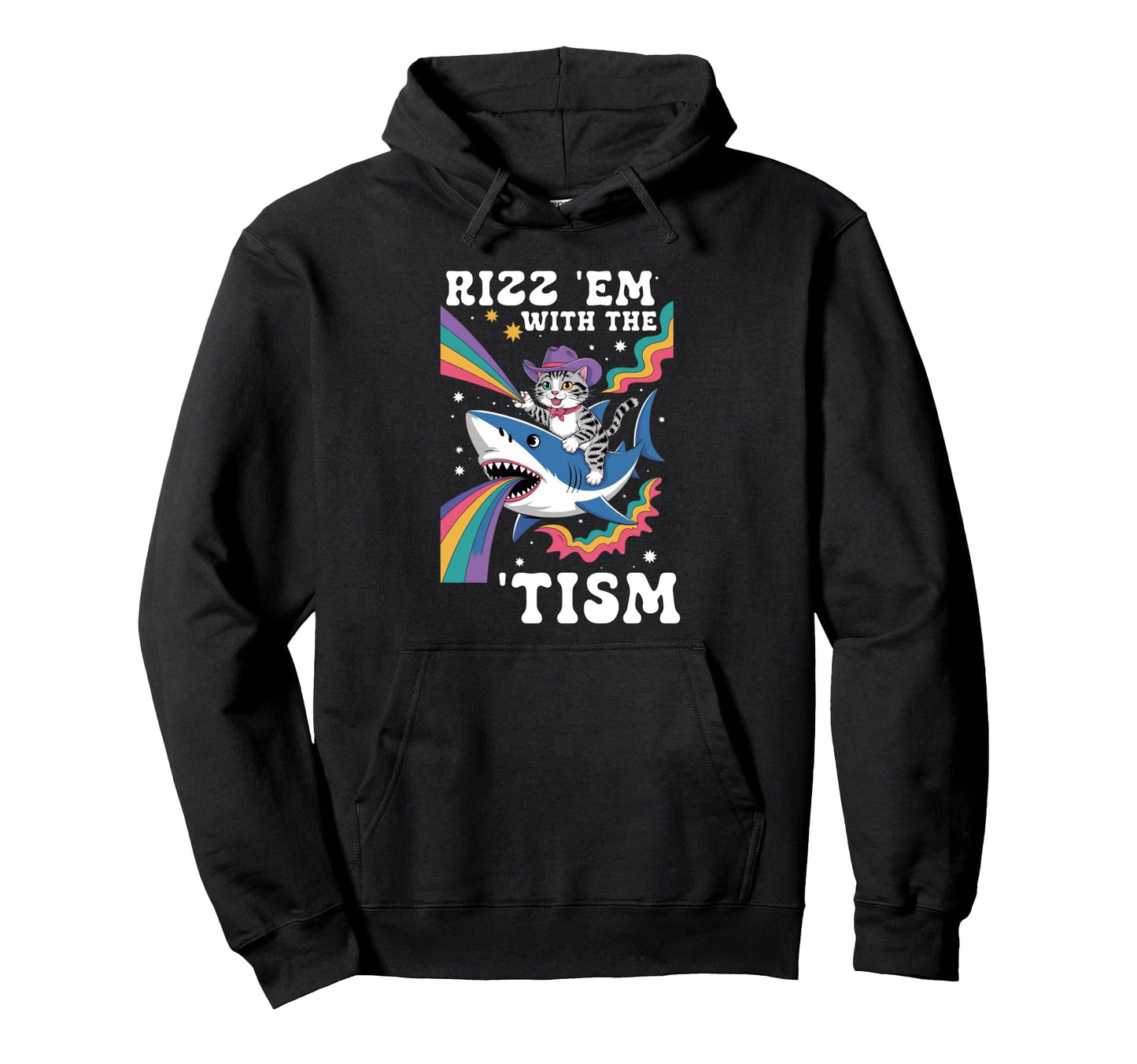 Cowboy Cat Riding Shark Rainbow Hoodie - Trendy Graphic Men Women - T-Shirt, Sweatshirt, Hoodie