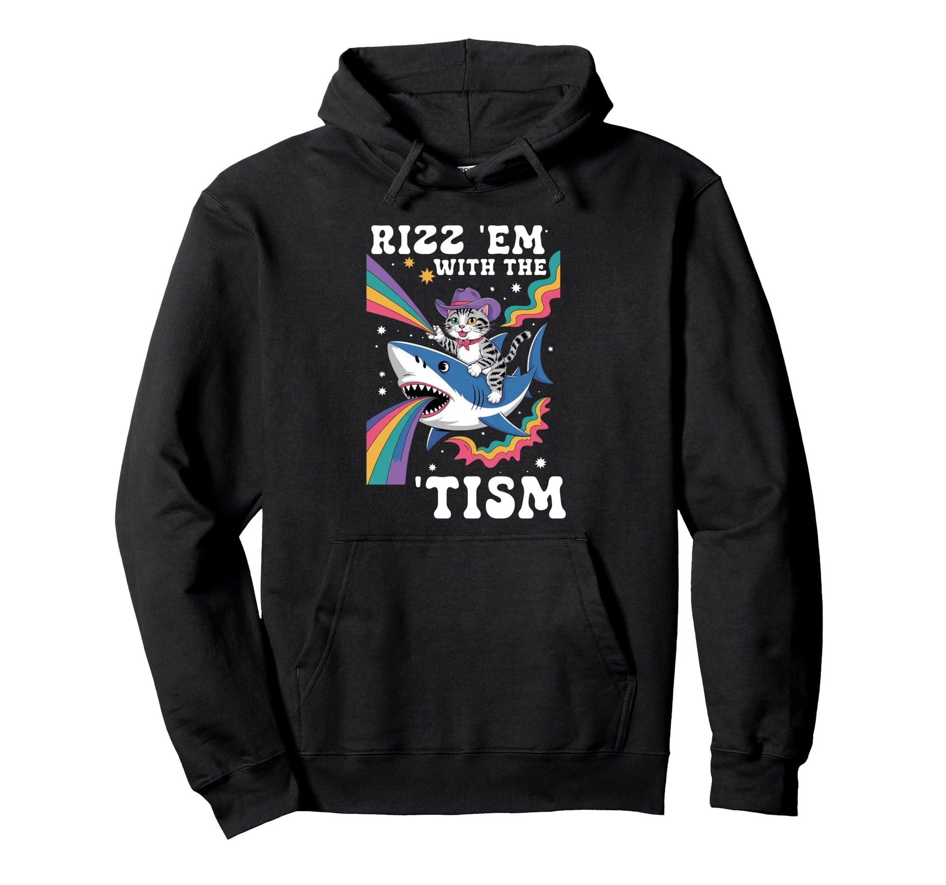 Cowboy Cat Riding Shark Rainbow Hoodie - Trendy Graphic Men Women - T-Shirt, Sweatshirt, Hoodie