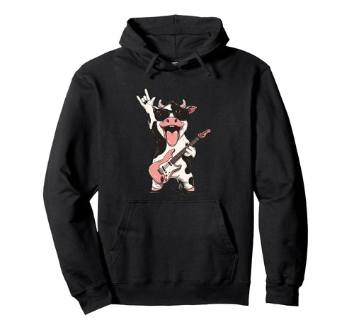 Cow Cartoon Funny Animal Rock Music Hoodie - Trendy Graphic for Adults - T-Shirt, Sweatshirt, Hoodie