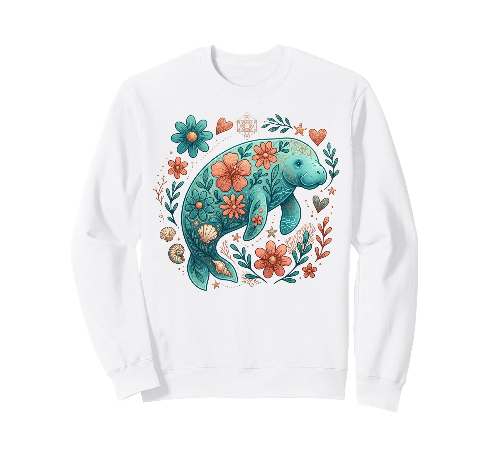 Floral Boho Manatee Summer Coastal Sweatshirt - Trendy Graphic Unisex - T-Shirt, Sweatshirt, Hoodie