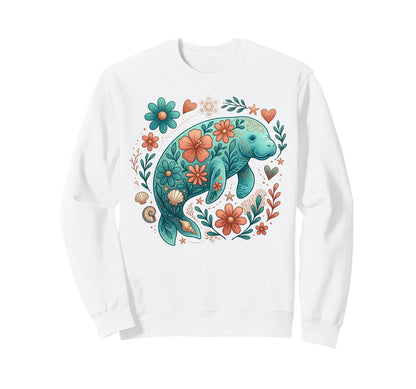 Floral Boho Manatee Summer Coastal Sweatshirt - Trendy Graphic Unisex - T-Shirt, Sweatshirt, Hoodie