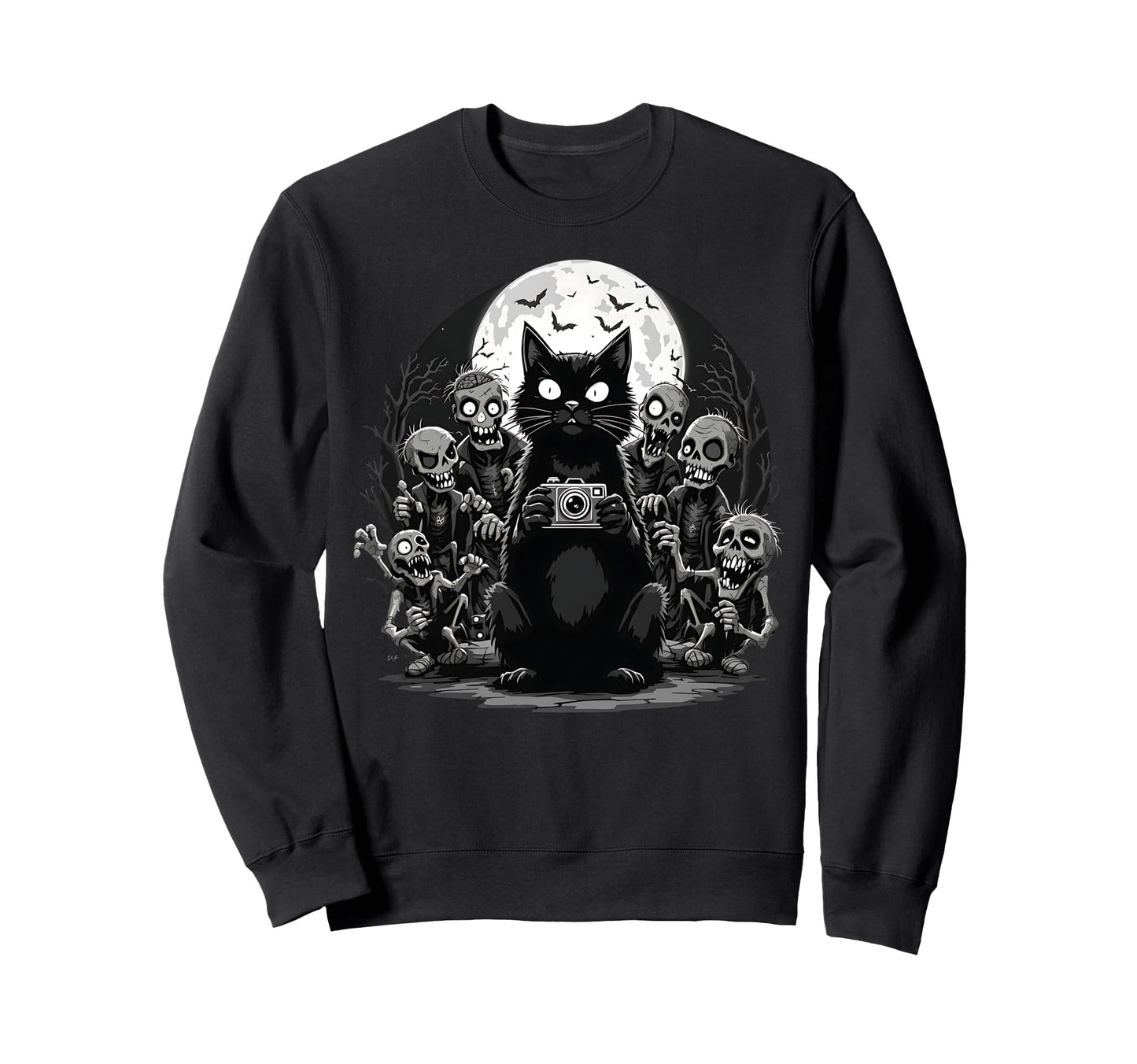 Halloween Cat Zombie Camera Spooky Sweatshirt - Graphic Print Men Women - T-Shirt, Sweatshirt, Hoodie