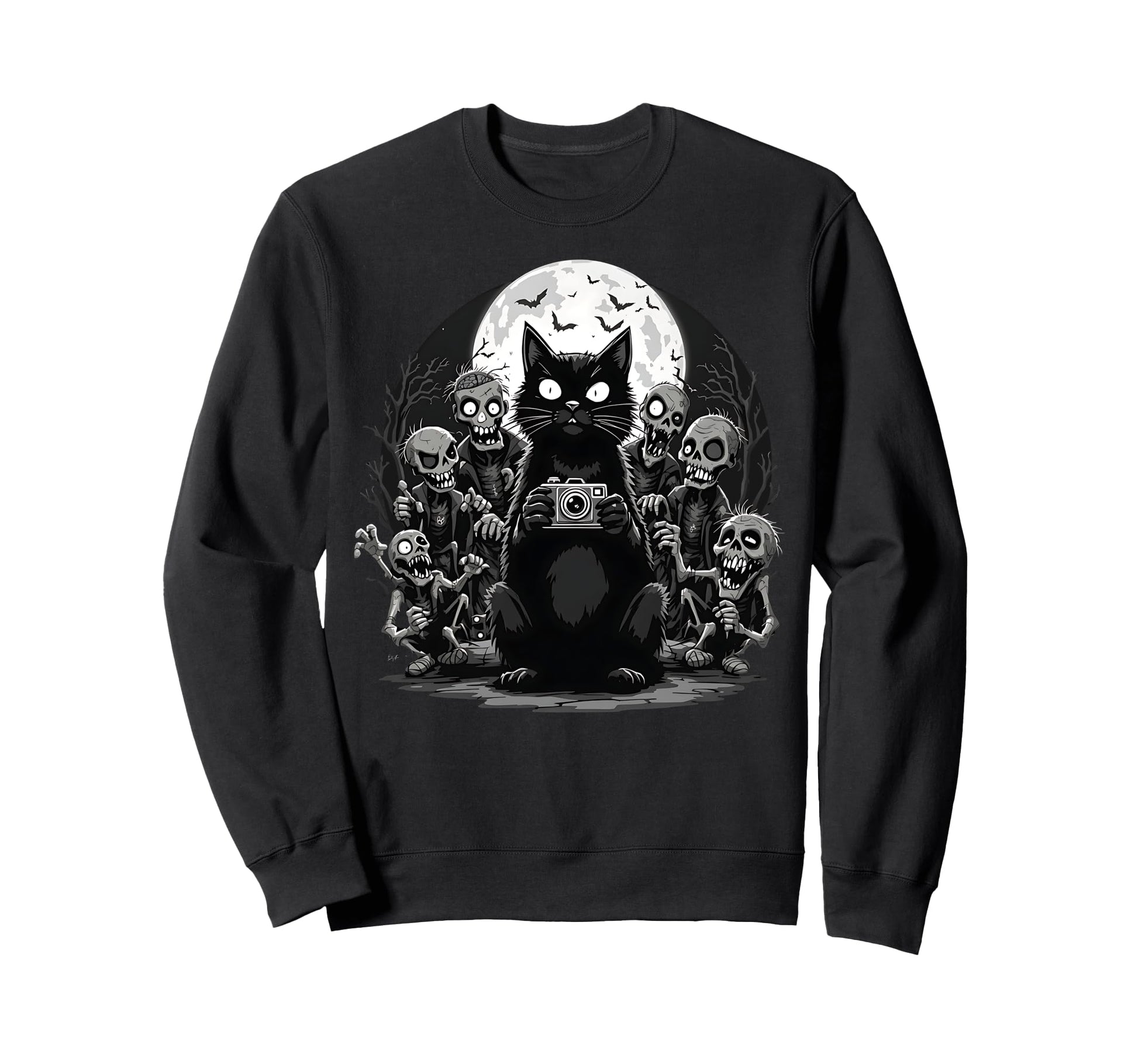 Halloween Cat Zombie Camera Spooky Sweatshirt - Graphic Print Men Women - T-Shirt, Sweatshirt, Hoodie