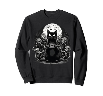 Halloween Cat Zombie Camera Spooky Sweatshirt - Graphic Print Men Women - T-Shirt, Sweatshirt, Hoodie