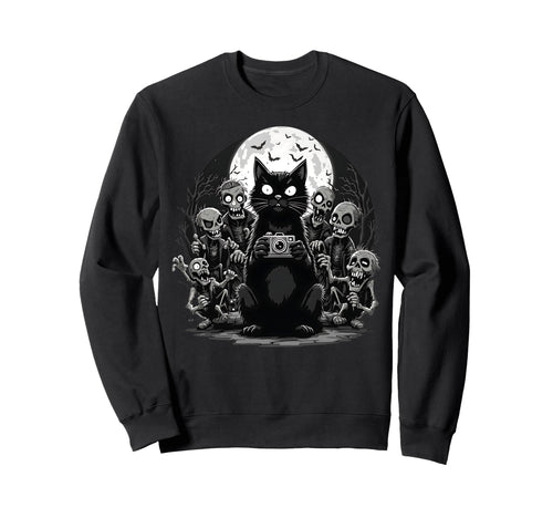 Halloween Cat Zombie Camera Spooky Sweatshirt - Graphic Print Men Women - T-Shirt, Sweatshirt, Hoodie