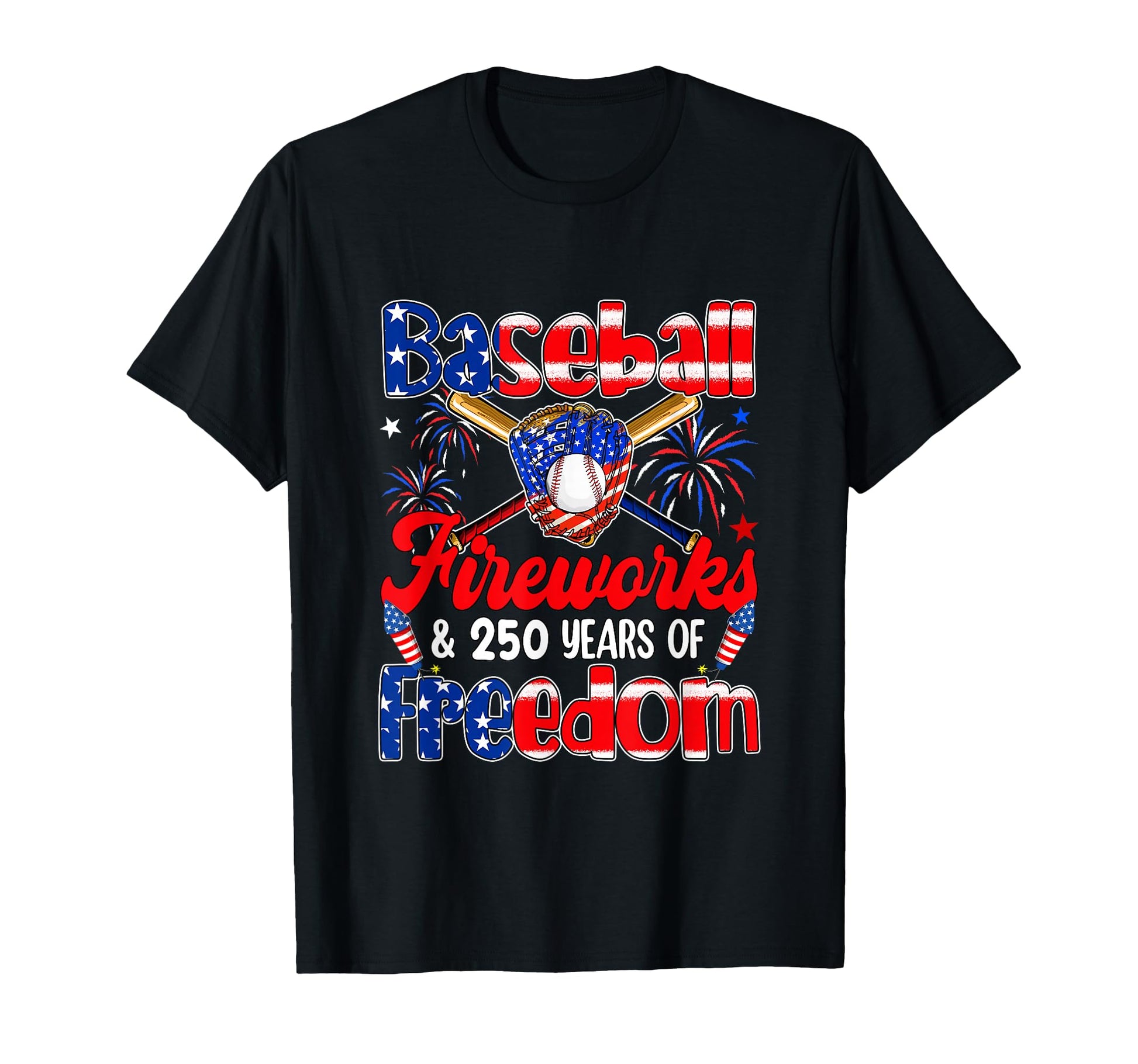 Baseball Fireworks And 250Th Freedom 4Th T-Shirt - Graphic Print Unisex - T-Shirt, Sweatshirt, Hoodie