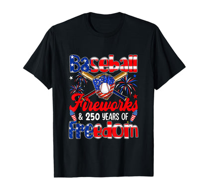 Baseball Fireworks And 250Th Freedom 4Th T-Shirt - Graphic Print Unisex - T-Shirt, Sweatshirt, Hoodie