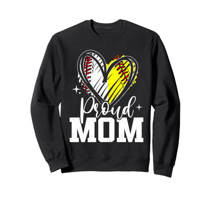 Proud Mom Baseball Softball Heart Sweatshirt - Unique Graphic for Adults - T-Shirt, Sweatshirt, Hoodie