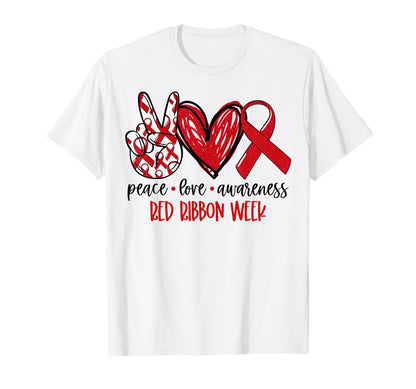 Peace Love Awareness Red Ribbon T-Shirt - Fun Novelty Design Men Women - T-Shirt, Sweatshirt, Hoodie