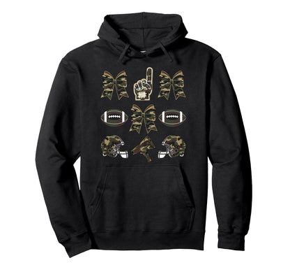 Camo Football Coquette Bow Football Mom Hoodie - Unique Graphic for Adults - T-Shirt, Sweatshirt, Hoodie