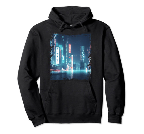Japanese City Skyline Night Hoodie - Fun Novelty Design Men Women - T-Shirt, Sweatshirt, Hoodie