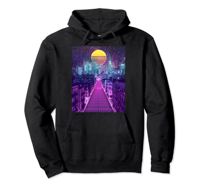 Digital Cityscape Vaporwave Aesthetic Hoodie - Casual Everyday Wear Unisex - T-Shirt, Sweatshirt, Hoodie