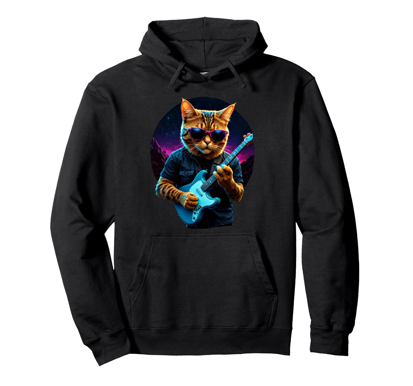 Rock Cat Playing Guitar Vaporwave Hoodie - Graphic Print for Adults - T-Shirt, Sweatshirt, Hoodie