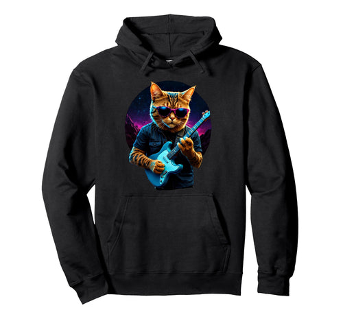 Rock Cat Playing Guitar Vaporwave Hoodie - Graphic Print for Adults - T-Shirt, Sweatshirt, Hoodie