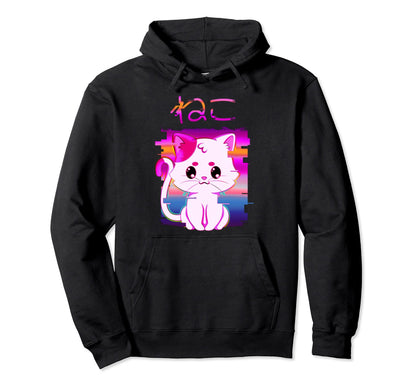 Vaporwave Glitch Aesthetic Japan Cat Anime Hoodie - Graphic Print Unisex - T-Shirt, Sweatshirt, Hoodie