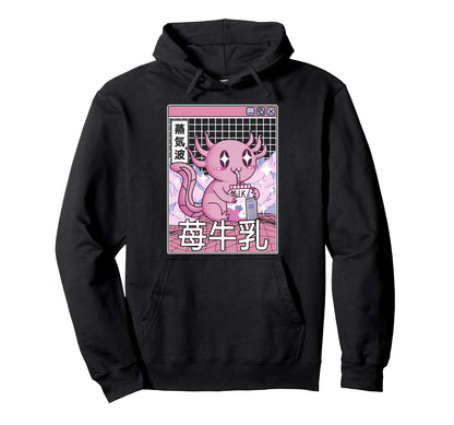 Axolotl Drinking Strawberry Milk Hoodie - Casual Everyday Wear Unisex - T-Shirt, Sweatshirt, Hoodie