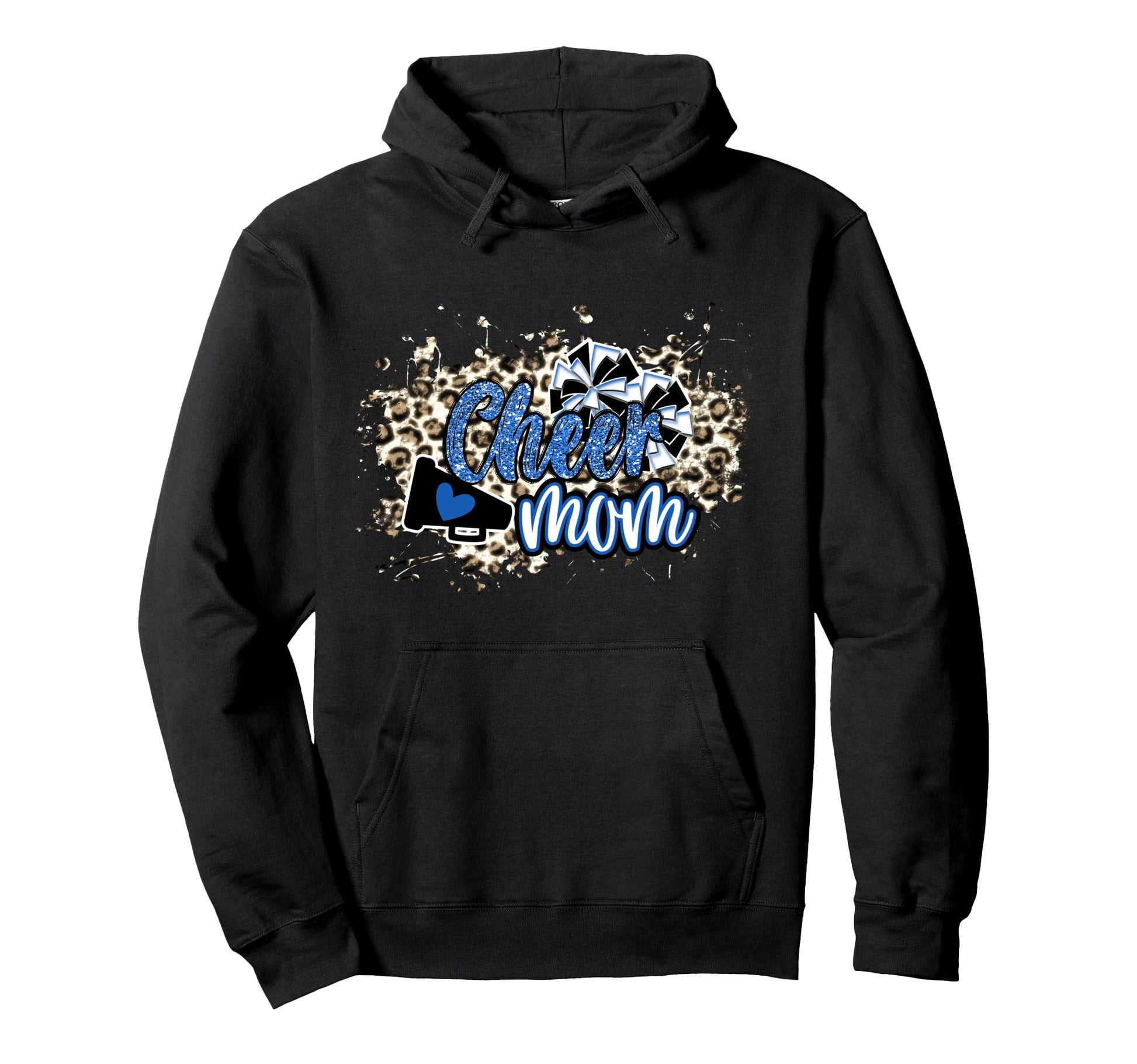 Cheer Mom Blue Leopard Cheetah Pom Hoodie - Novelty Apparel for Adults - T-Shirt, Sweatshirt, Hoodie